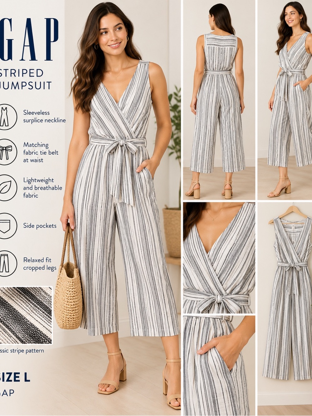 GAP Striped Sleeveless Surplice Jumpsuit in Gray and White